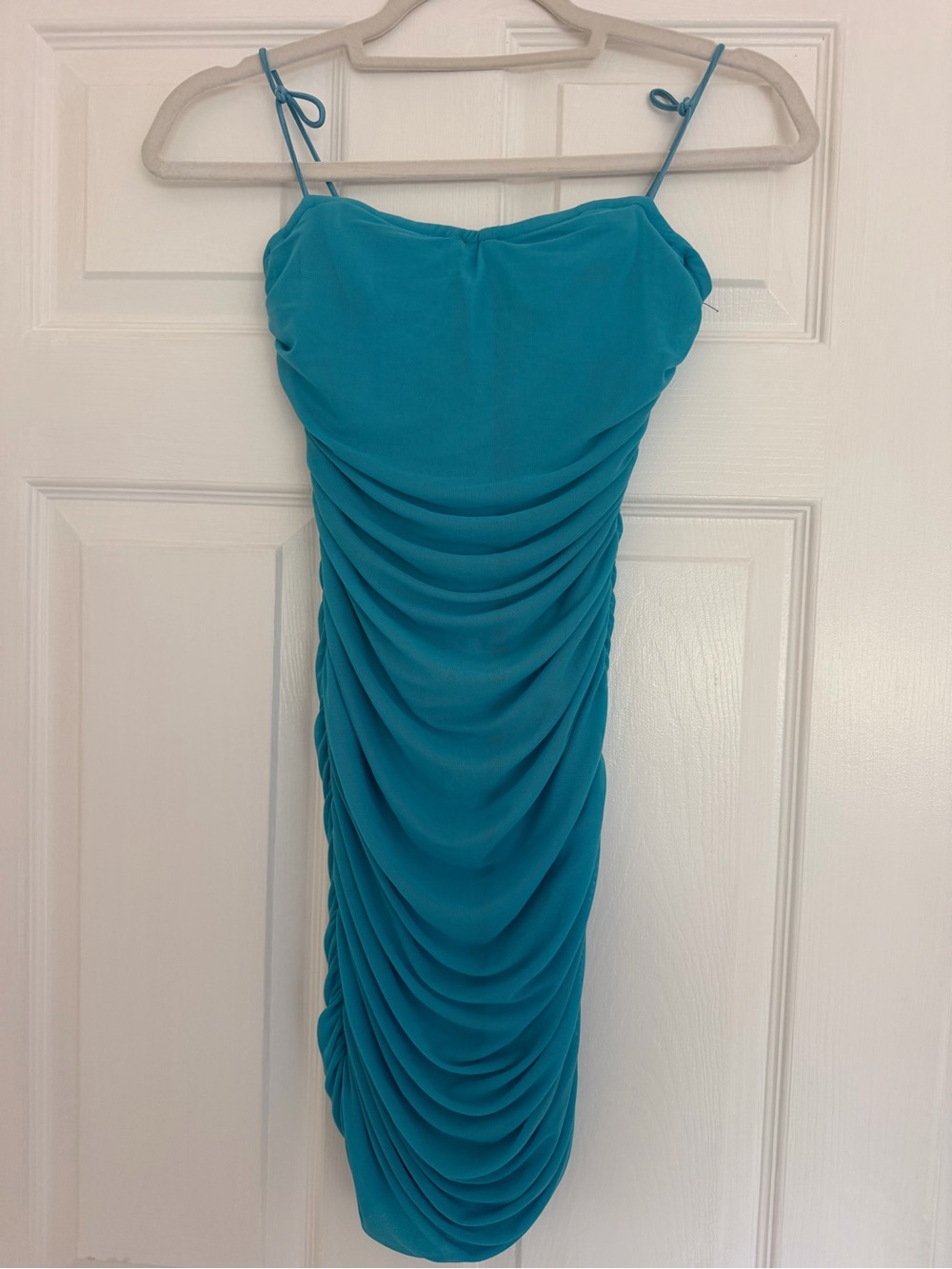 superdown Teal Ruched Midi Dress with Spaghetti Straps